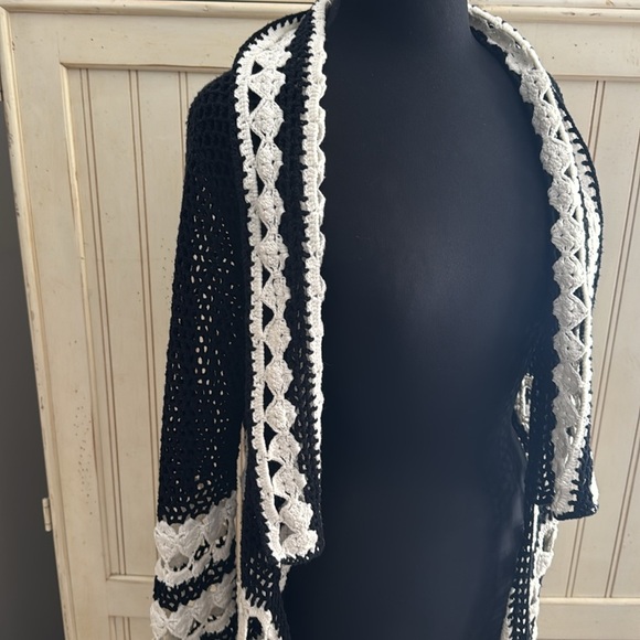 Boston Proper Black & White Crochet Open Front Duster/ Cardigan - Picture 3 of 11